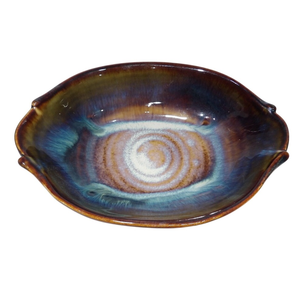 Bill Campbell Art Pottery Oval Bowl Reactive Drip Glaze Brown Teal Signed